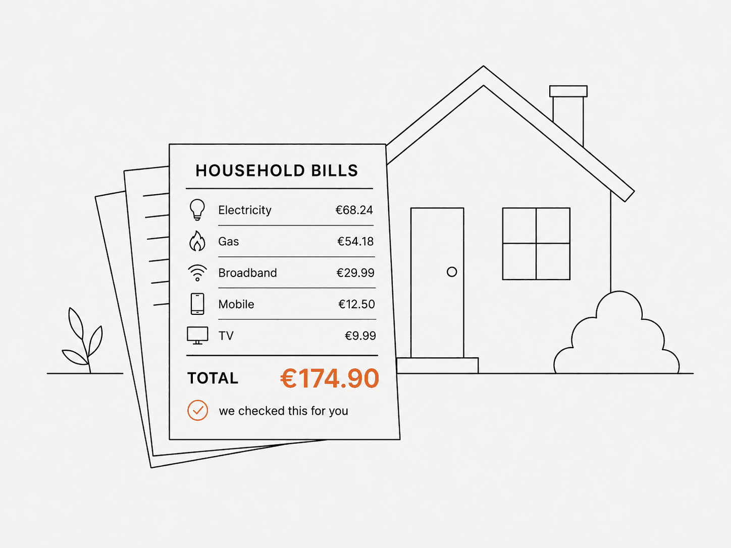 Illustration of a house beside a household bills summary — electricity, gas, broadband, mobile and TV — with the total checked off.
